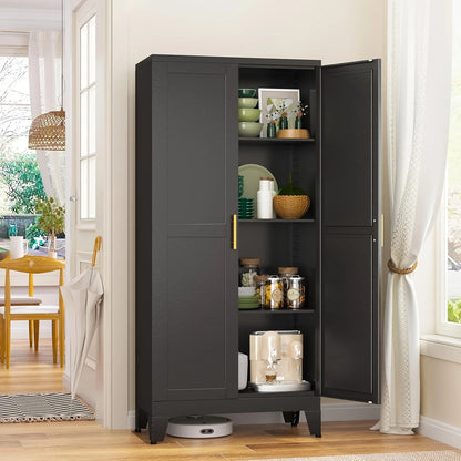 Modern Black Metal Storage Cabinet with Adjustable Feet - Freestanding Pantry Sideboard with 3 Shelves for Kitchen, Laundry, Bathroom, Living Room & Dining Area