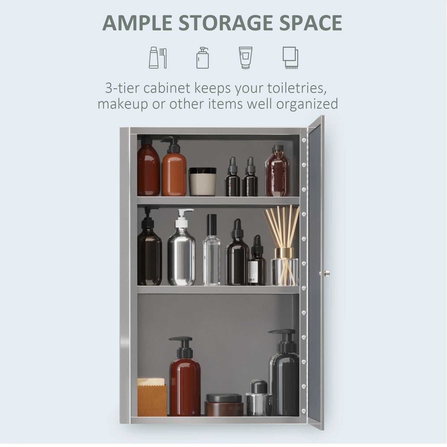 Bathroom Mirrored Cabinet, Vertical 16" x 24" Stainless Steel Frame Medicine Cabinet, Wall-Mounted Storage Organizer with Single Door​