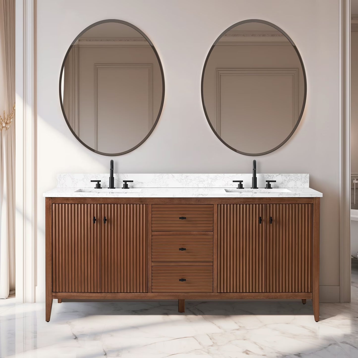 Vanity Art 72�� Double Sink Bathroom Vanity Cabinet with Engineered Marble Countertop