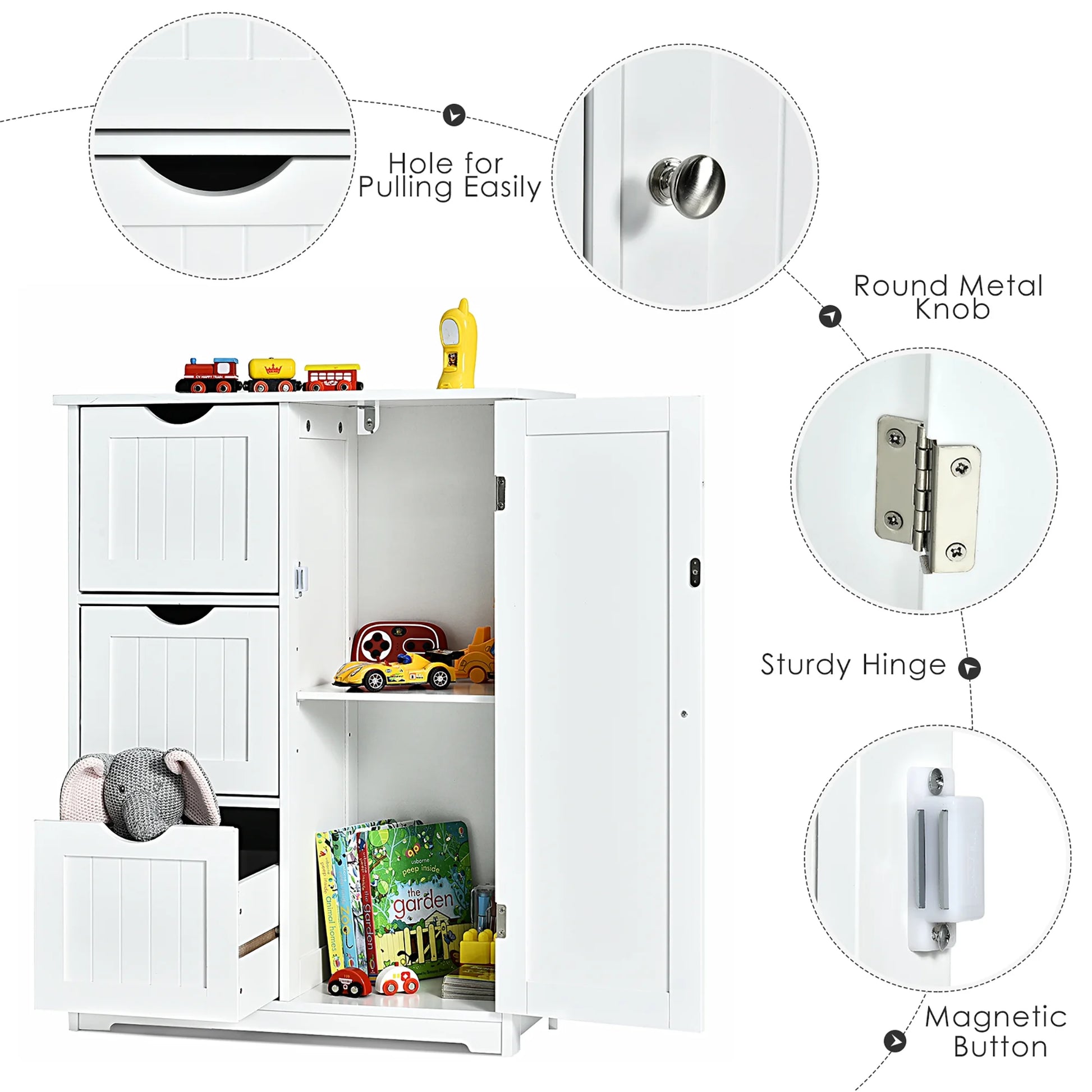 Costway Bathroom Floor Cabinet Side Storage Cabinet with 3 Drawers and 1 Cupboard White