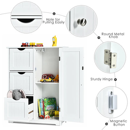 Costway Bathroom Floor Cabinet Side Storage Cabinet with 3 Drawers and 1 Cupboard White