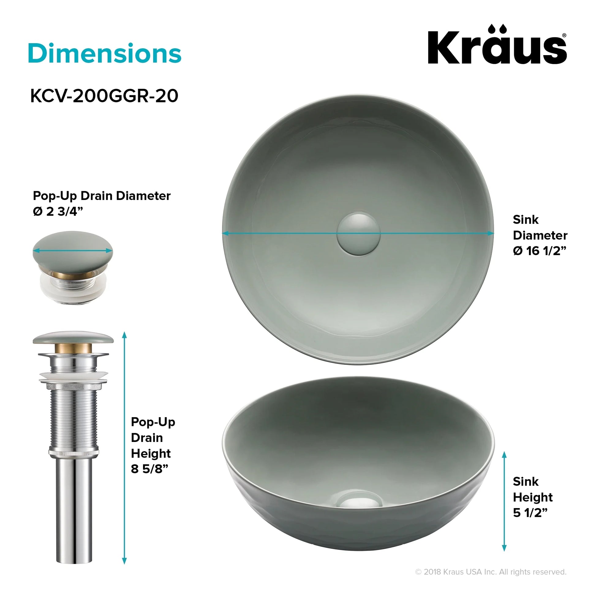 KRAUS Viva Round Gray Porcelain Ceramic Vessel Bathroom Sink with Pop-Up Drain, 16 1/2 in. D x 5 1/2 in. H