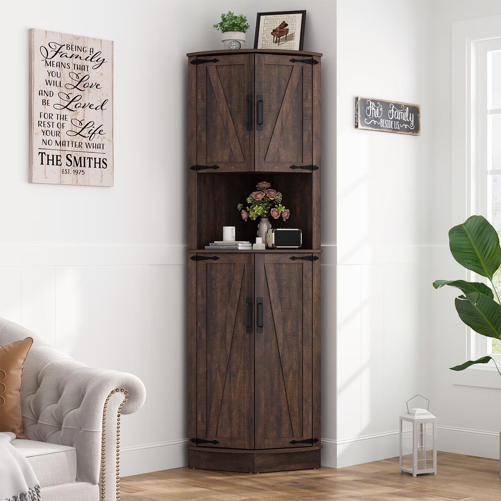 ChVans Farmhouse 68" Tall Corner Cabinet w/4 Barn Doors, 5 Tier Bookcase Storage Cabinet with Adjustable Shelves, Corner Storage Cabinet for Bathroom,Living Room,Kitchen, Brown