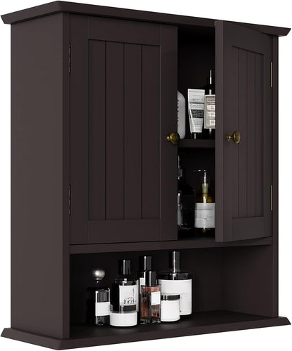 Brown Bathroom Cabinet Wall Mounted, Small Bathroom Medicine Cabinet with 2 Door Adjustable Shelves, Bathroom Wall Cabinet Over Toilet for Laundry Room Kitchen