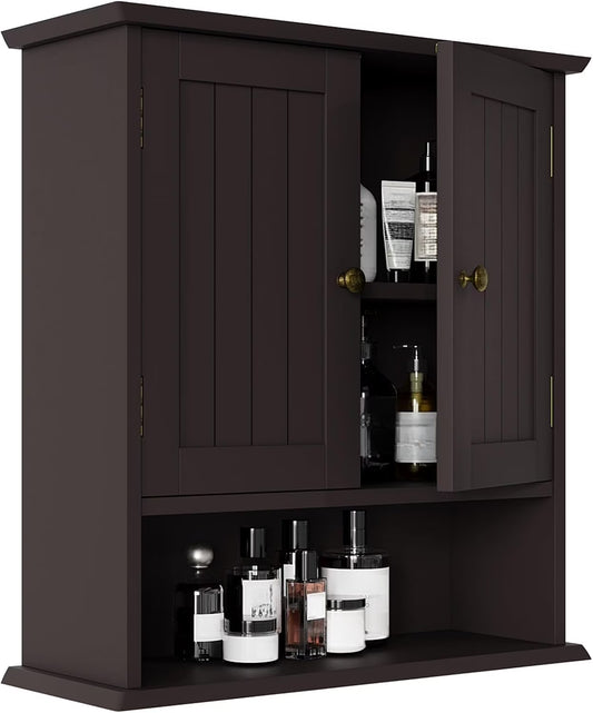 Brown Bathroom Cabinet Wall Mounted, Small Bathroom Medicine Cabinet with 2 Door Adjustable Shelves, Bathroom Wall Cabinet Over Toilet for Laundry Room Kitchen