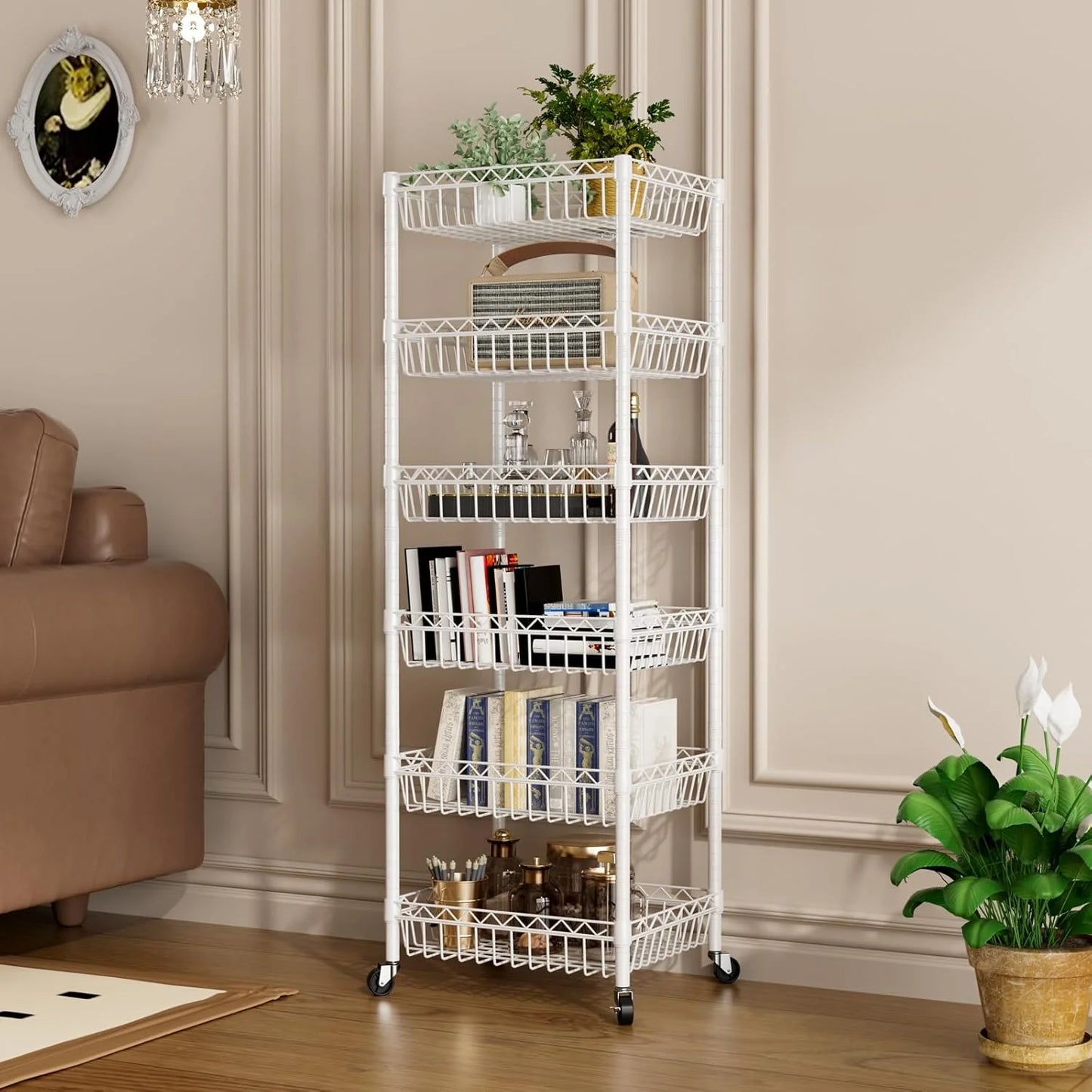 6 Tier Wire Shelving Unit with Wheels Baskets Storage Rack Corner Shelves Adjustable Shelf Closet Bathroom Organizers Metal Pantry Kitchen Garage Laundry Room 13.5" D x 13.5" W x 63" H White