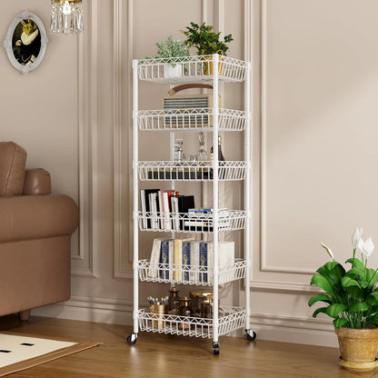 6 Tier Wire Shelving Unit with Wheels Baskets Storage Rack Corner Shelves Adjustable Shelf Closet Bathroom Organizers Metal Pantry Kitchen Garage Laundry Room 13.5" D x 13.5" W x 63" H White