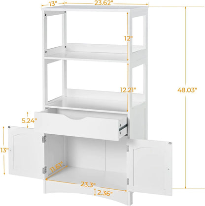 Sideboard Storage Cabinet with Drawer&Shelves, Kitchen Pantry Storage Cabinet with Microwave Space&Cupboard, Modern Freestanding Floor Bathroom Cabinet/Bookshelf for Home Office, White