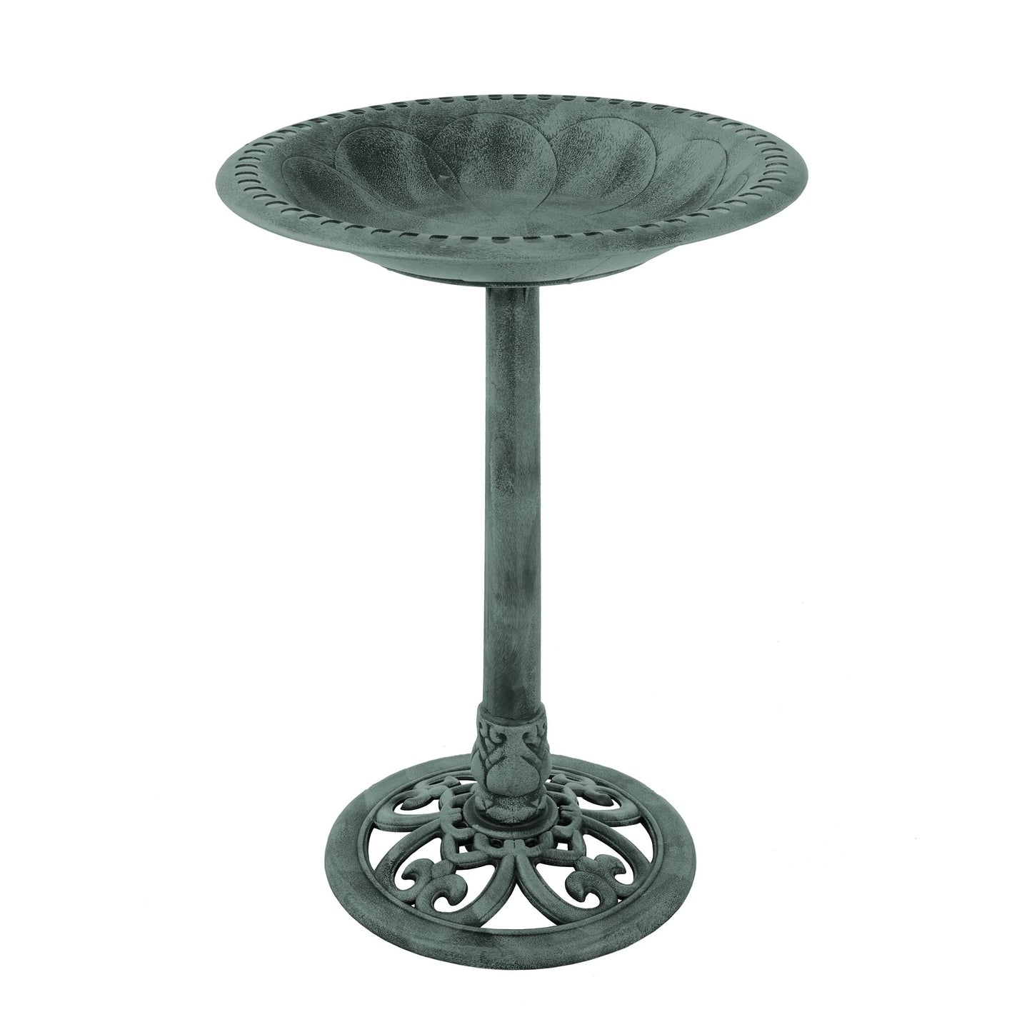 Antique Bird Bath- Weather Resistant Resin Birdbath with Vintage Scroll Design, 3 Ground Stakes for Garden,Outdoor Decor by Pure Garden (Patina Green)