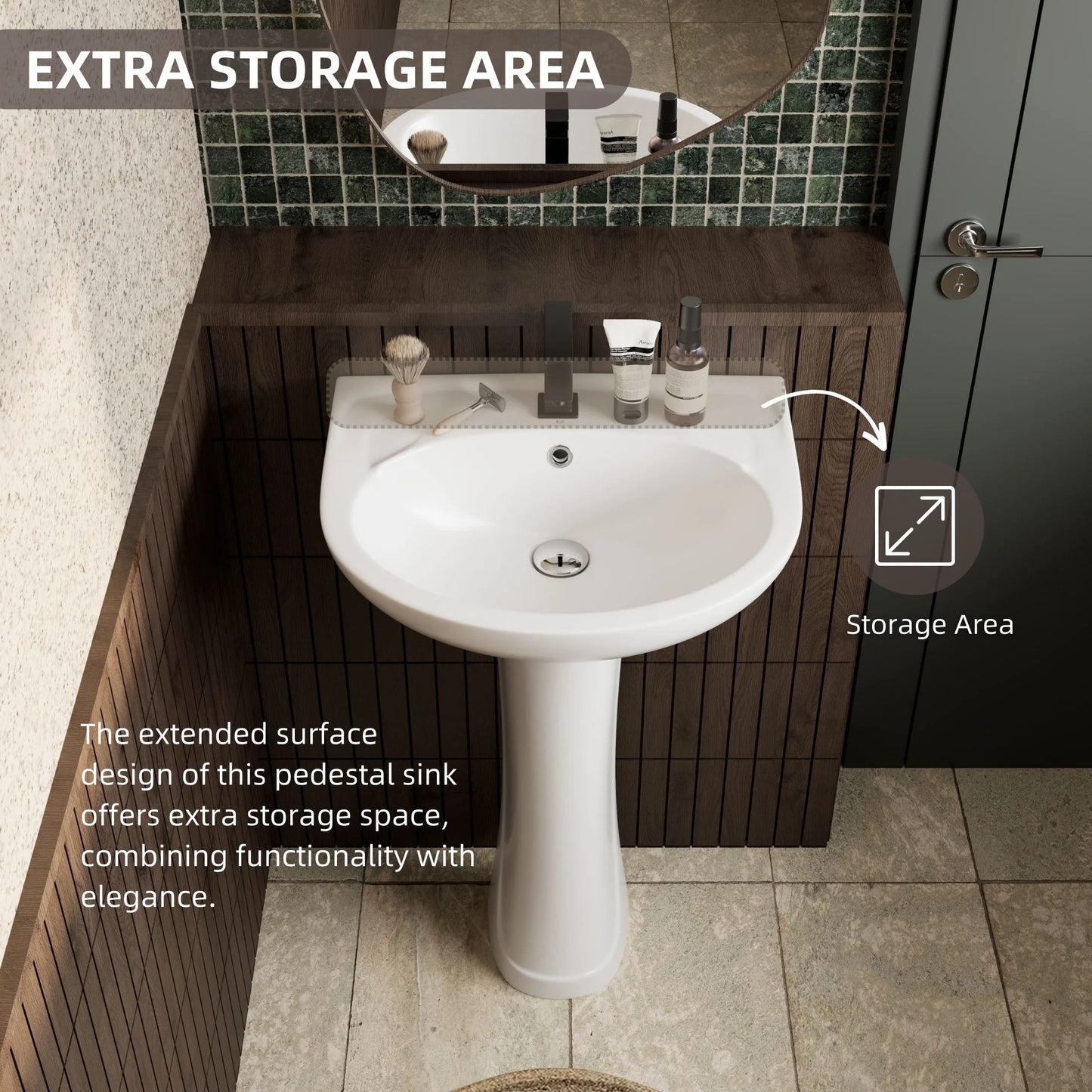 Los Flexi 20" x 17" Glossy White Pedestal Sink for Small Bathrooms with Overflow and Single Faucet Hole