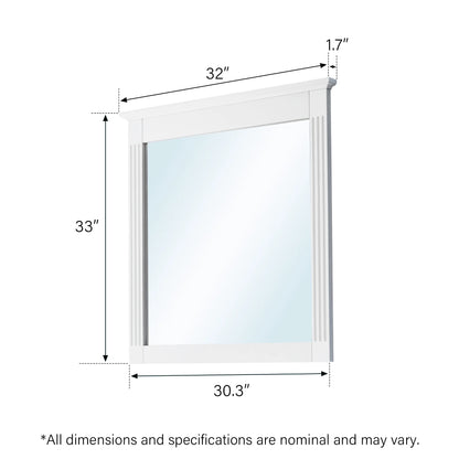 ANGELES HOME 33" x 32" Wall-Mounted Vanity Mirror, Solid Wooden Framed Makeup Mirror, Bathroom Wall Mirror for Bedroom Living Room Entryway, White