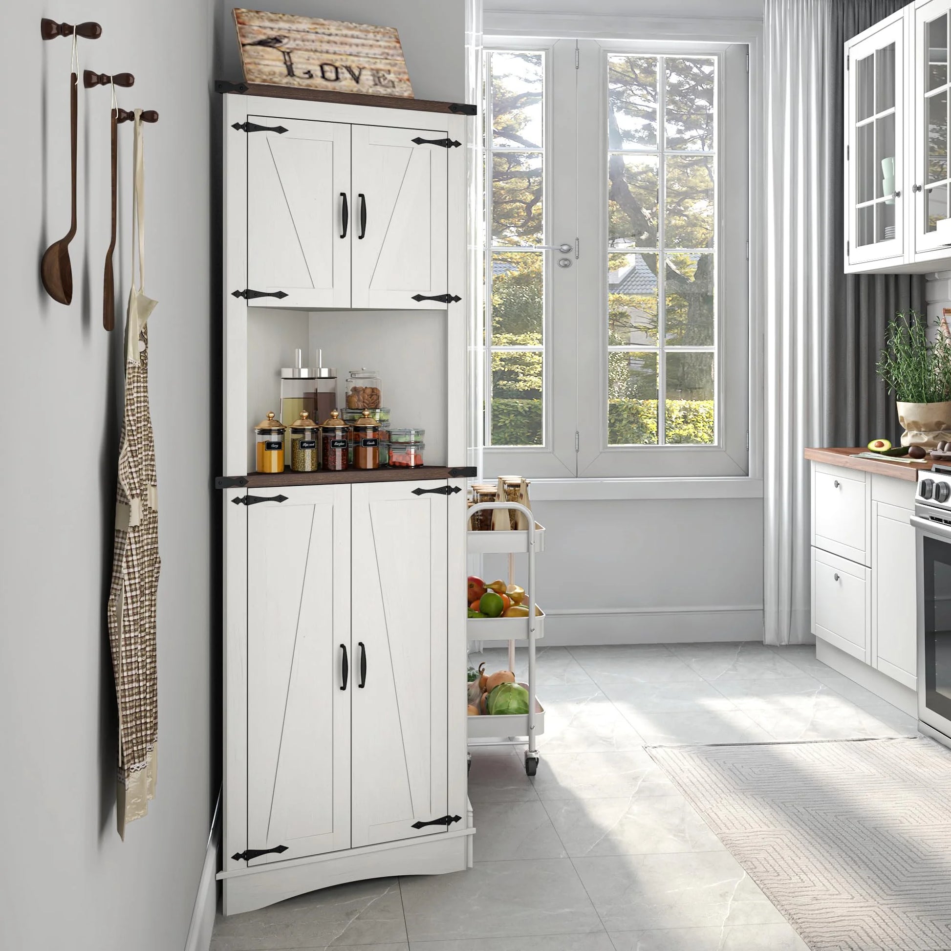 ChVans Farmhouse 68" Tall Corner Cabinet w/4 Barn Doors, 5 Tier Bookcase Storage Cabinet with Adjustable Shelves, Corner Storage Cabinet for Bathroom,Living Room,Kitchen, White-Brown