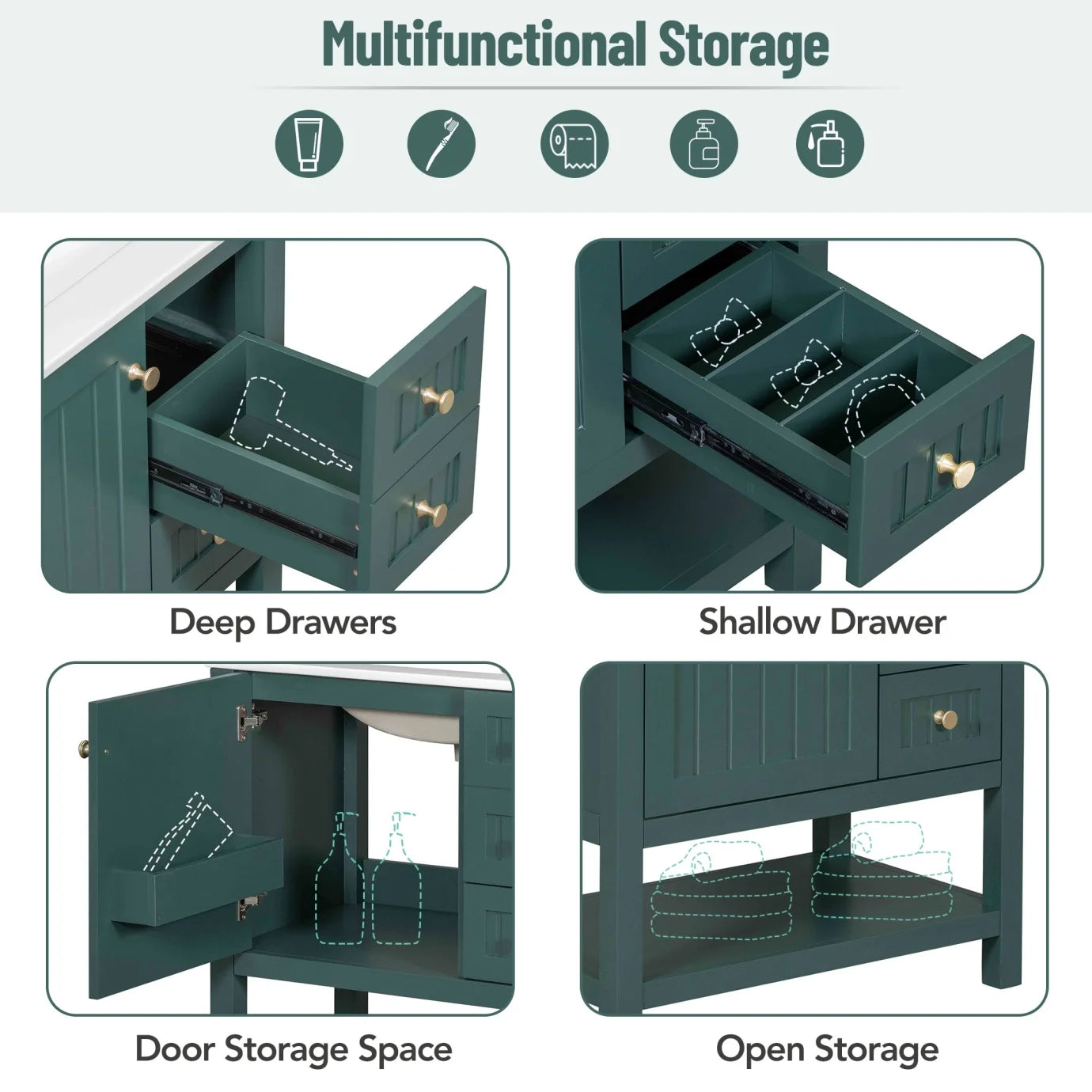 30" Transitional Green Bathroom Vanity with Sink Combo, Solid Wood Storage Cabinet featuring Soft Close Doors & 2 Drawers, Open Shelf, Waterproof Design & Easy Assembly for Modern Bathrooms