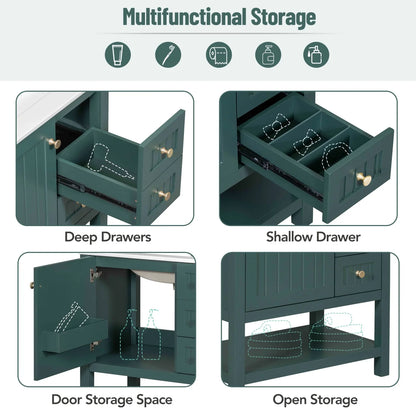 30" Transitional Green Bathroom Vanity with Sink Combo, Solid Wood Storage Cabinet featuring Soft Close Doors & 2 Drawers, Open Shelf, Waterproof Design & Easy Assembly for Modern Bathrooms