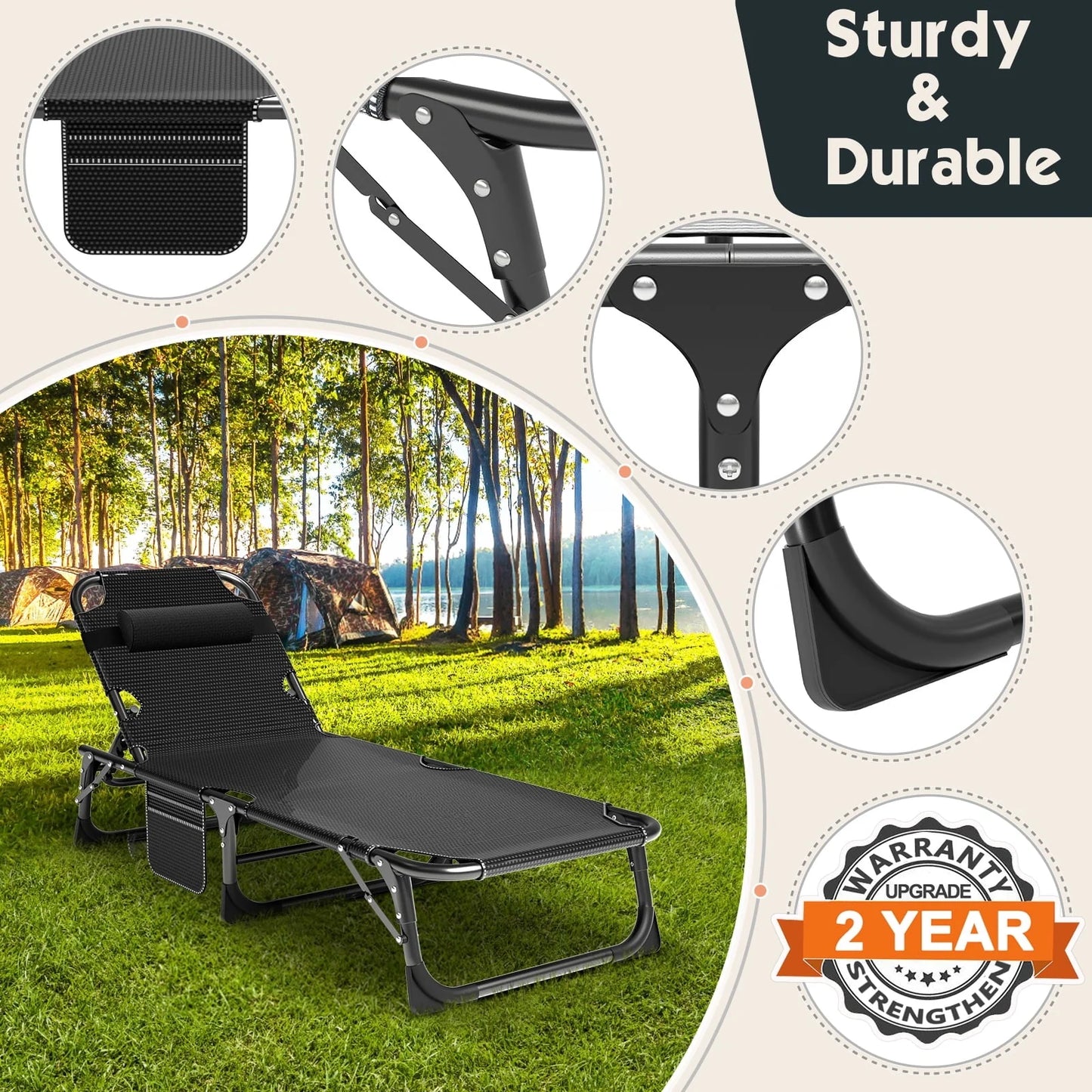 MOPHOTO 75" Adult Camping Cot Folding Cot, Portable Heavy Duty Adjustable 4-Position Sleeping Bed, Outdoor Patio Folding Lounge Chair for Sunbathing with Mattress