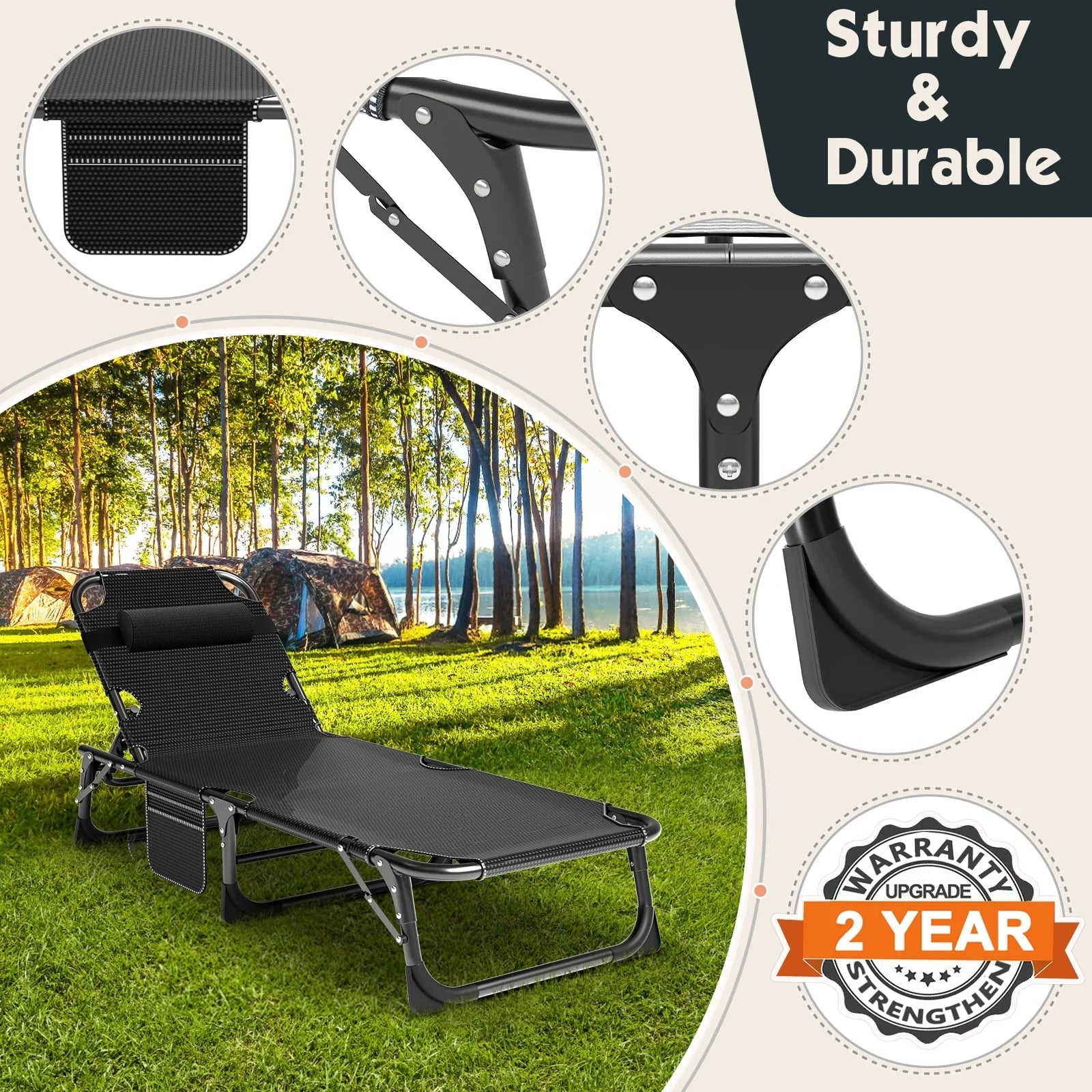 MOPHOTO 75" Adult Camping Cot Folding Cot, Portable Heavy Duty Adjustable 4-Position Sleeping Bed, Outdoor Patio Folding Lounge Chair for Sunbathing with Mattress