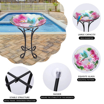 Glass Bird bath with Metal Stand for Garden, Bird Feeder 18 inch Bowl Pink Bird Bath Yard Lawn Decor