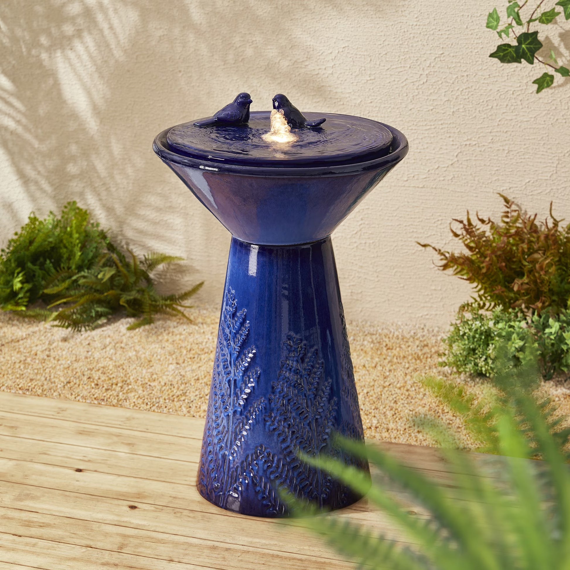 Glitzhome 27.5" Fountain with Pump and LED Light Embossed Pedestal Ceramic Bird Bath, Turquoise