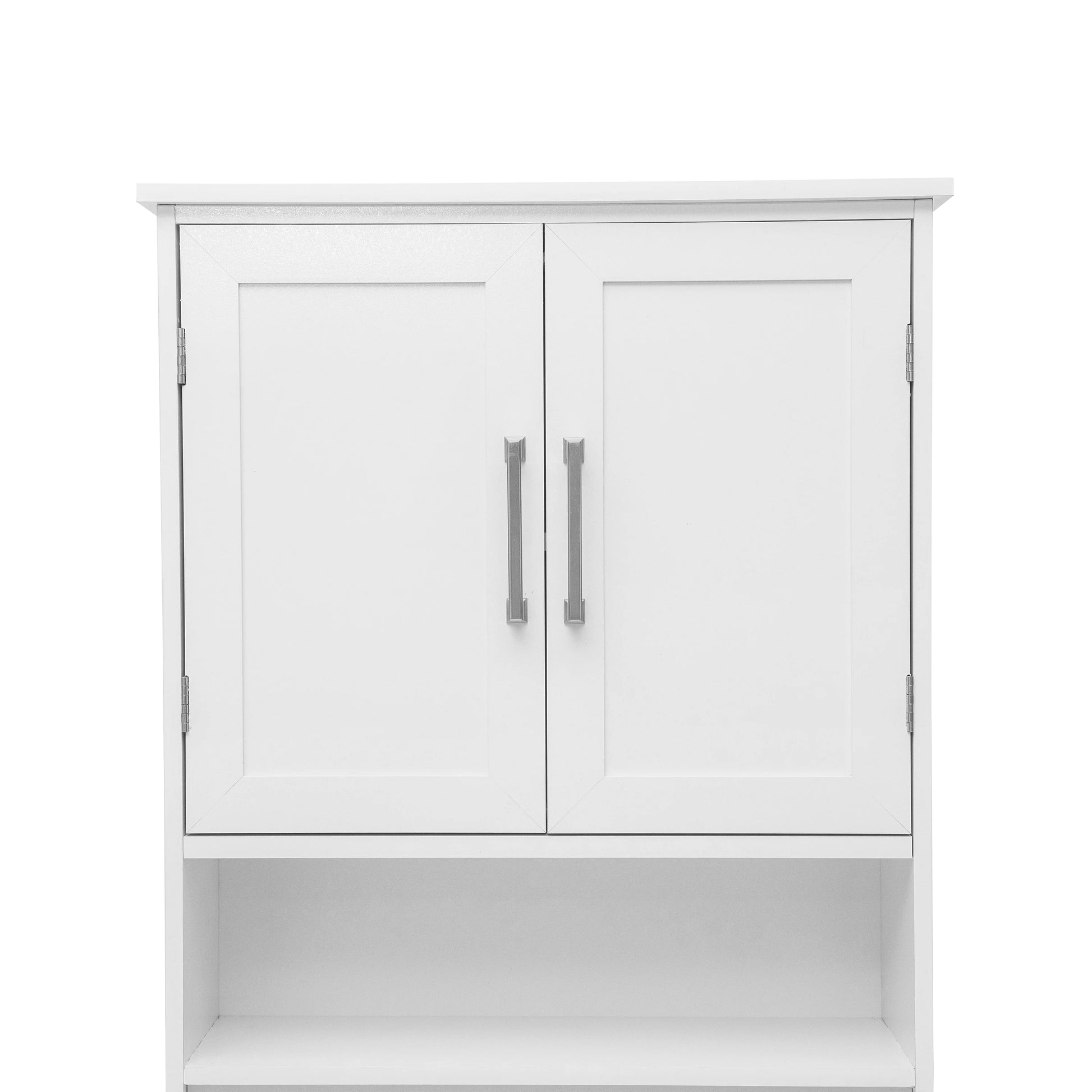 Emma + Oliver Over the Toilet Cabinet Storage Bathroom Organizer with In-Cabinet Adjustable Shelf, Open Lower Shelf, and Dual Magnetic Closure Doors in White