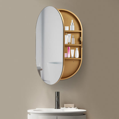 Gold Mirror Cabinet Oval Bathroom Wall-Mounted Mirror Cabinet Wood Storage Cabinet Mirror Surface W/Hide Shelves for Bathroom Toilet Balconies (19.76 * 30.82 * 4.05in)
