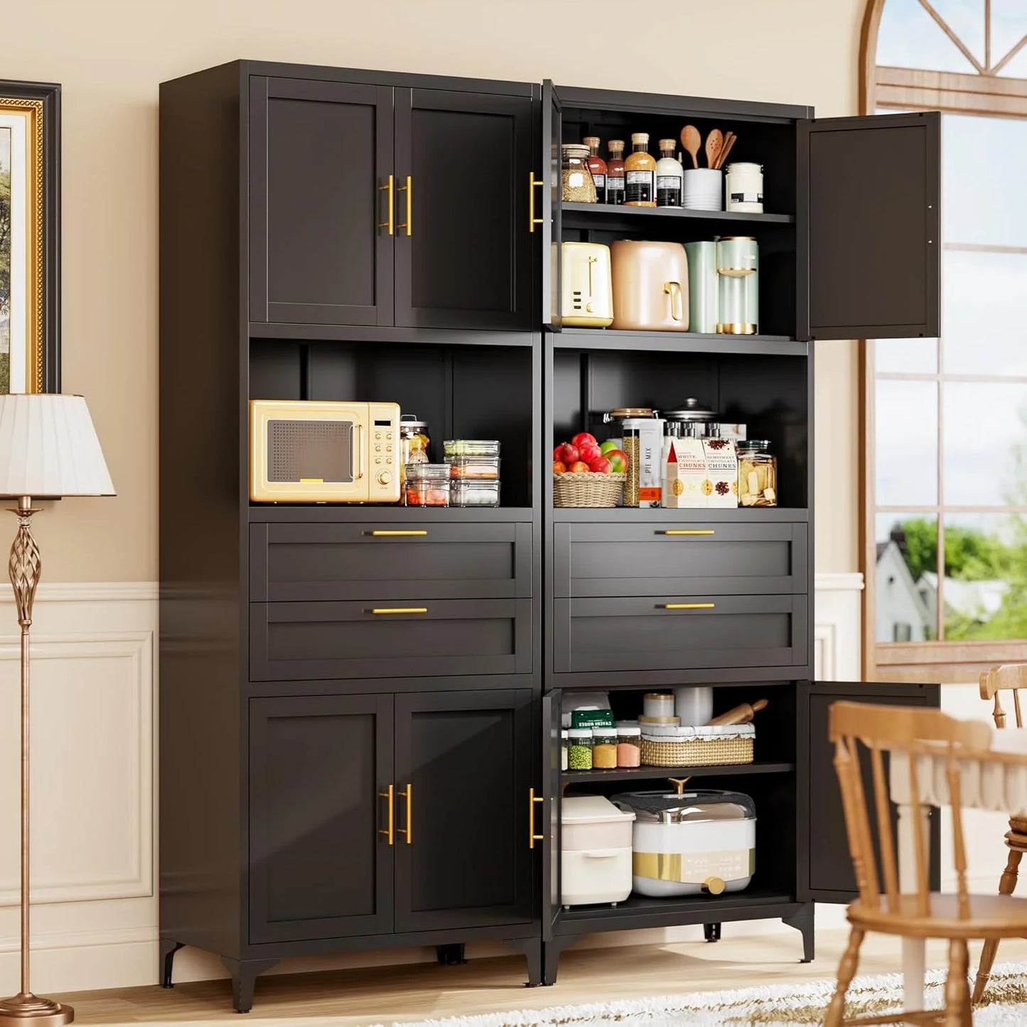 75�� Tall Kitchen Pantry Storage Cabinet, Metal Storage Cabinet with 2 Drawers and Adjustable Shelves, Kitchen Pantry Cupboard, Freestanding Cupboard for Bathroom, Living Room(Black)