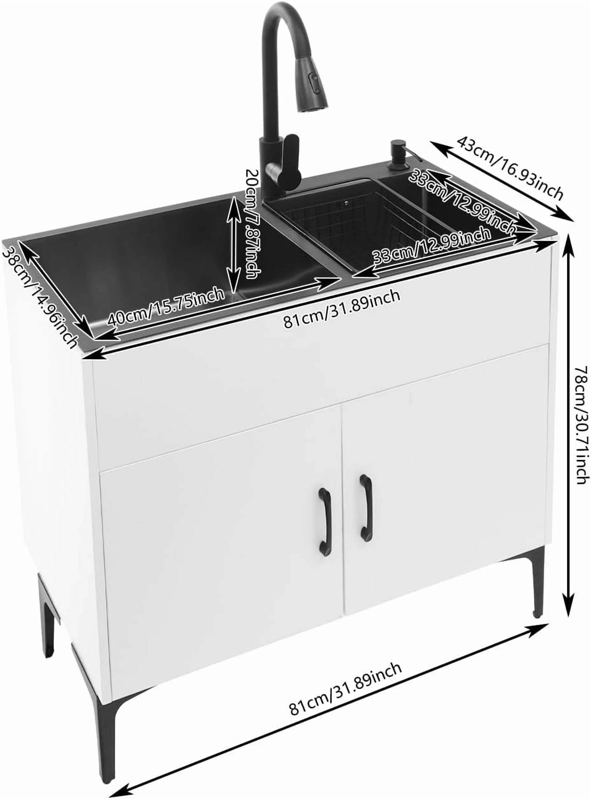 Laundry Sink Cabinet with Pull-Down Faucet Stainless Steel Utility Sink for Laundry Utility Room Bathroom Vanity Sink Cabinet with 2 Doors for Kitchen Outdoor (White)