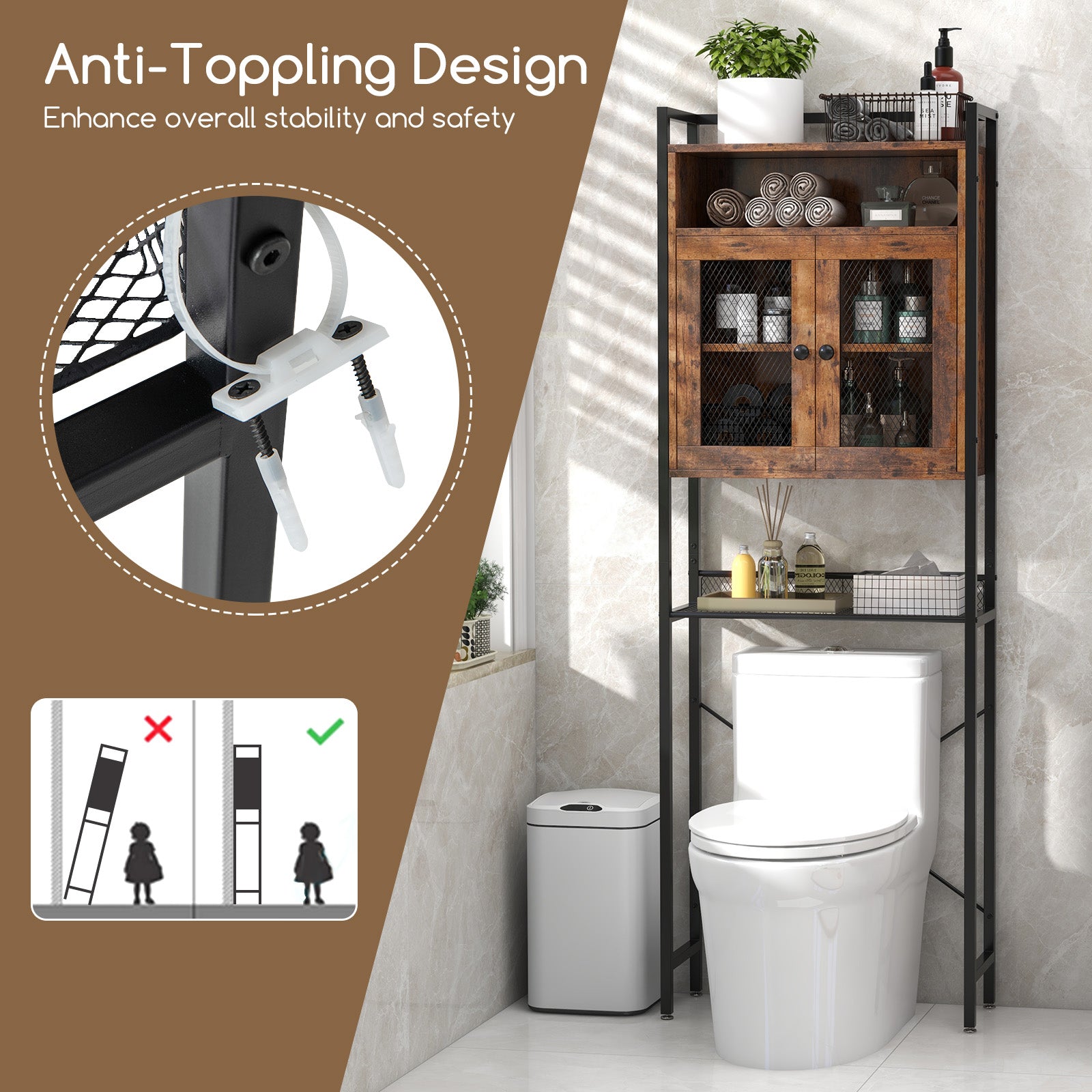 Topbuy Over The Toilet Storage Cabinet 5-Tier Bathroom Toilet Organizer w/2 Metal Mesh Doors & 3-Position Adjustable Shelf