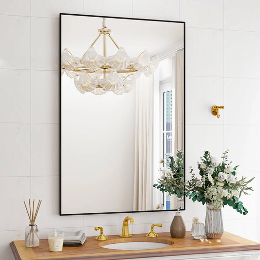 BEAUTYPEAK 20"x28" Bathroom Wall Mirror with Rectangular Metal Frame , Black