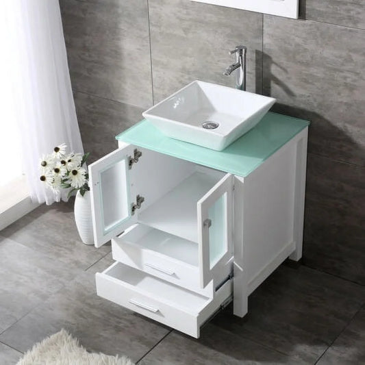 Wonline 24" Bathroom Vanity Cabinet Ceramic Sink Faucet Drain Combo w/ Mirror Set White