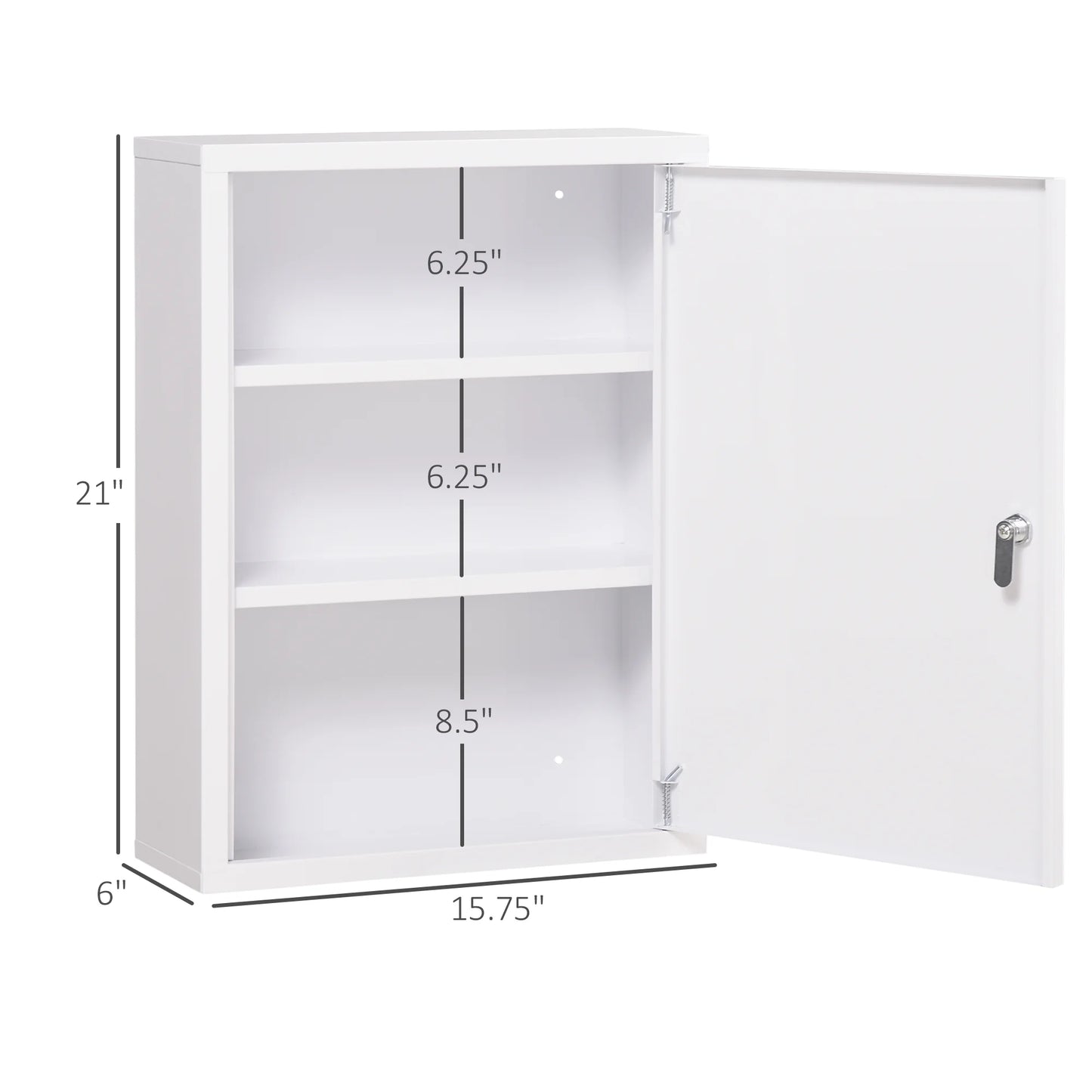 Living Room Cabinets kleankin 16" x 21" Wall Medicine Cabinet with Lock, 3 Tier Steel Locking Wall Cabinet for Bathroom, Kitchen with 2 Keys, White,Primary Living Space Cabinets
