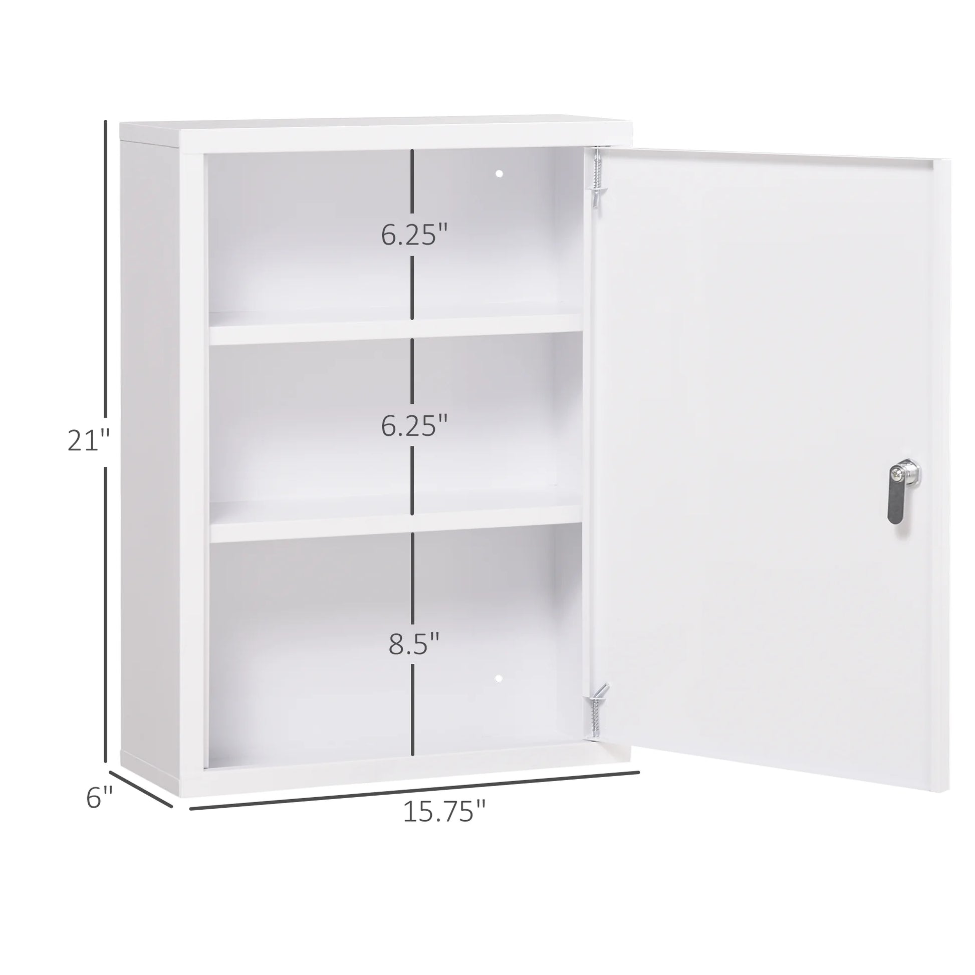 Living Room Cabinets kleankin 16" x 21" Wall Medicine Cabinet with Lock, 3 Tier Steel Locking Wall Cabinet for Bathroom, Kitchen with 2 Keys, White,Primary Living Space Cabinets