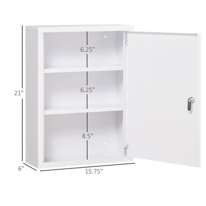 Living Room Cabinets kleankin 16" x 21" Wall Medicine Cabinet with Lock, 3 Tier Steel Locking Wall Cabinet for Bathroom, Kitchen with 2 Keys, White,Primary Living Space Cabinets