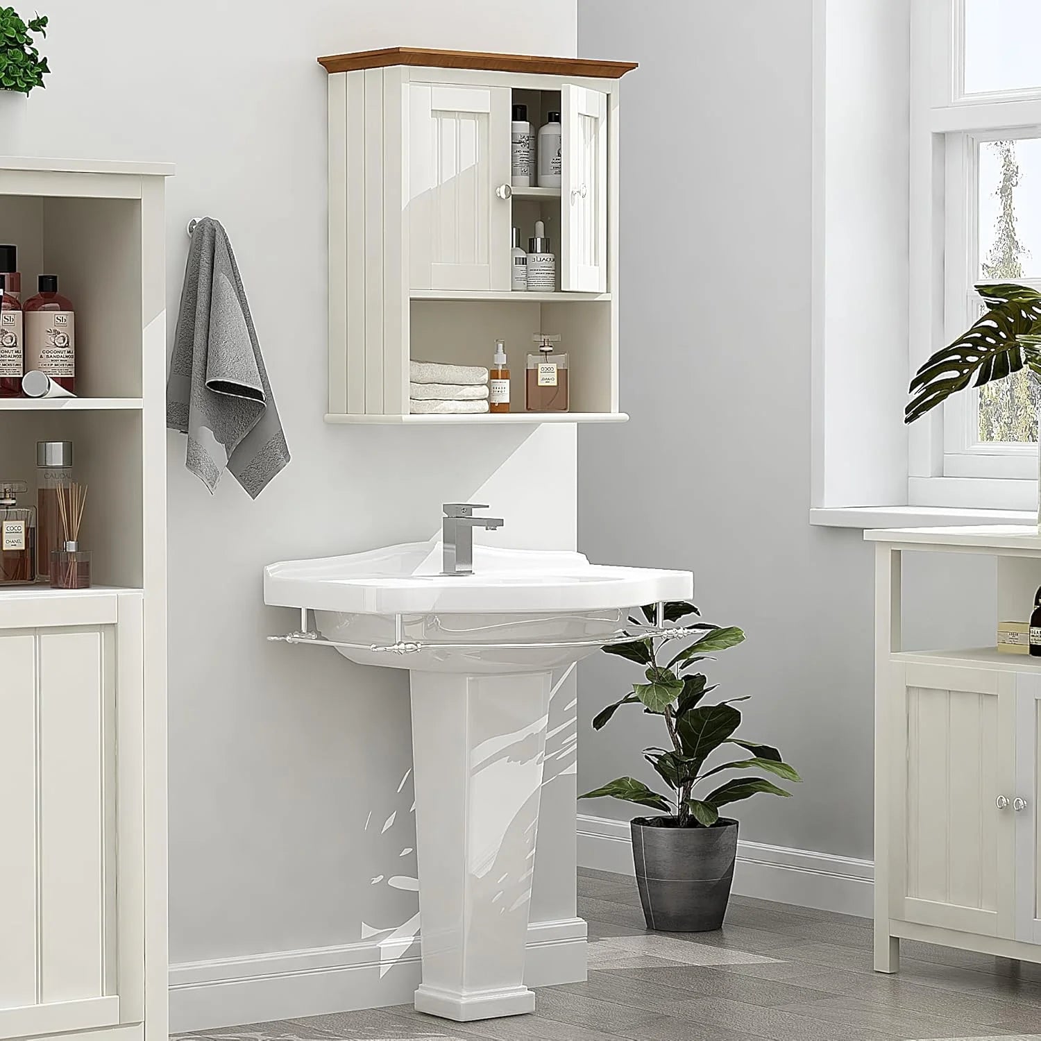 Wood Wall Cabinet, Bathroom Medicine Cabinet Storage with Doors and Adjustable Shelf, Rustic Cabinet Wall Mounted for Bathroom, Livingroom, Kitchen, Cupboard, White