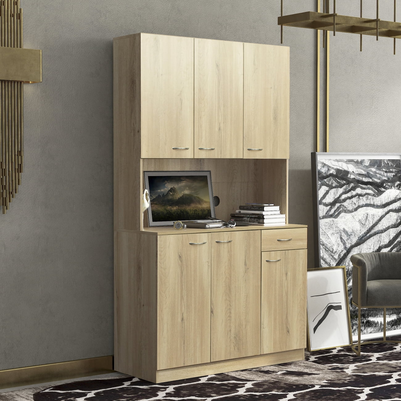 70.87" Tall Wardrobe & Kitchen Cabinet, Freestanding Storage Cabinets with 6 Doors, 1 Open Shelves and 1 Drawer, Versatile Floor Buffet Hutch Cupboard for Bedroom Bathroom Kitchen, Oak