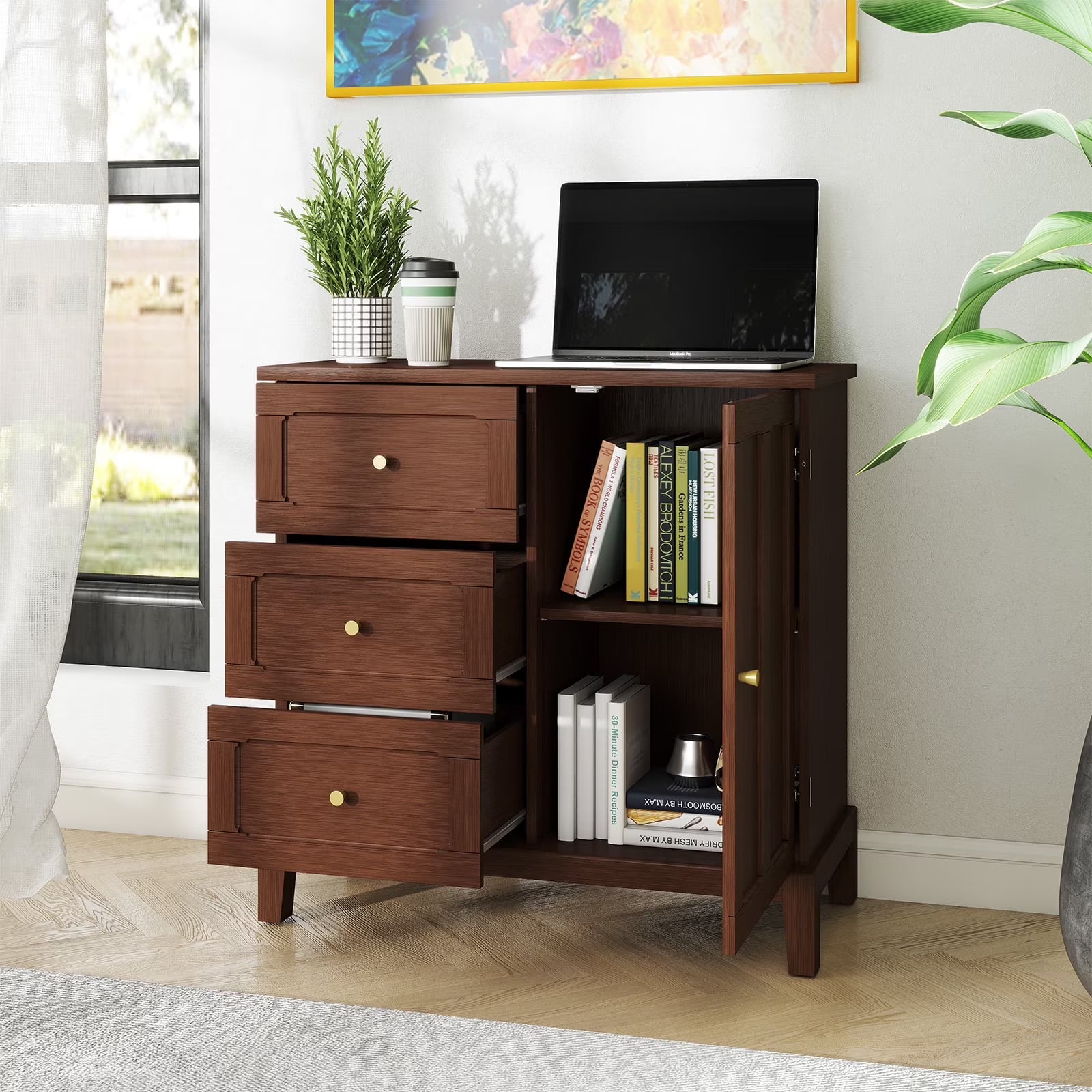 CBJCBJ 31.7"Storage Cabinet, Classical 3 Drawers & 1 Door Design with Gold-Tone Handles, Multi-Use Organizer for Living Room, Kitchen, Bathroom��BLUE)