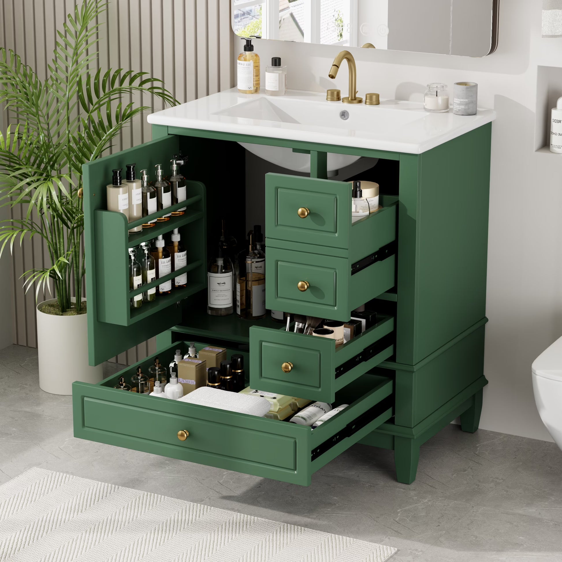 Euroco 30" Bathroom Vanity with Sink, One Door with Shelf and Three Drawers, Soft Close Door