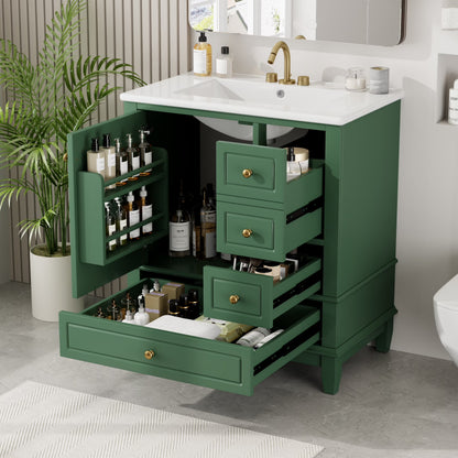 Euroco 30" Bathroom Vanity with Sink, One Door with Shelf and Three Drawers, Soft Close Door