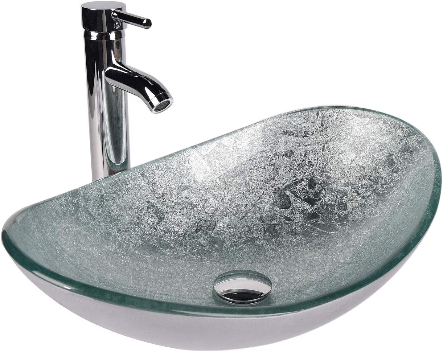 ELECWISH Bathroom Sink and Faucet Combo Artistic Tempered Glass Vessel Sink Basin Washing Bowl Set, Cabinet Countertop Sink with Chorme Faucet Pop-up Drain (Oval Silver)