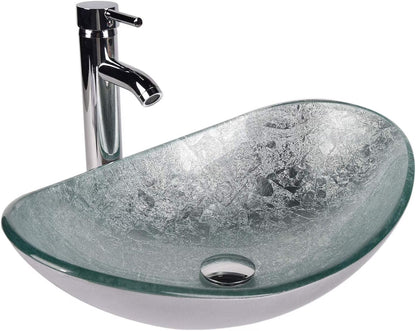 ELECWISH Bathroom Sink and Faucet Combo Artistic Tempered Glass Vessel Sink Basin Washing Bowl Set, Cabinet Countertop Sink with Chorme Faucet Pop-up Drain (Oval Silver)