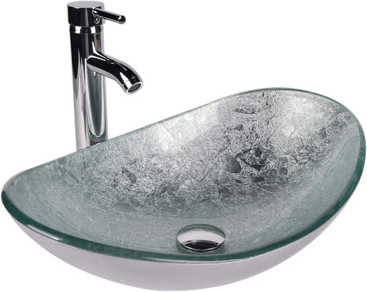 ELECWISH Bathroom Sink and Faucet Combo Artistic Tempered Glass Vessel Sink Basin Washing Bowl Set, Cabinet Countertop Sink with Chorme Faucet Pop-up Drain (Oval Silver)