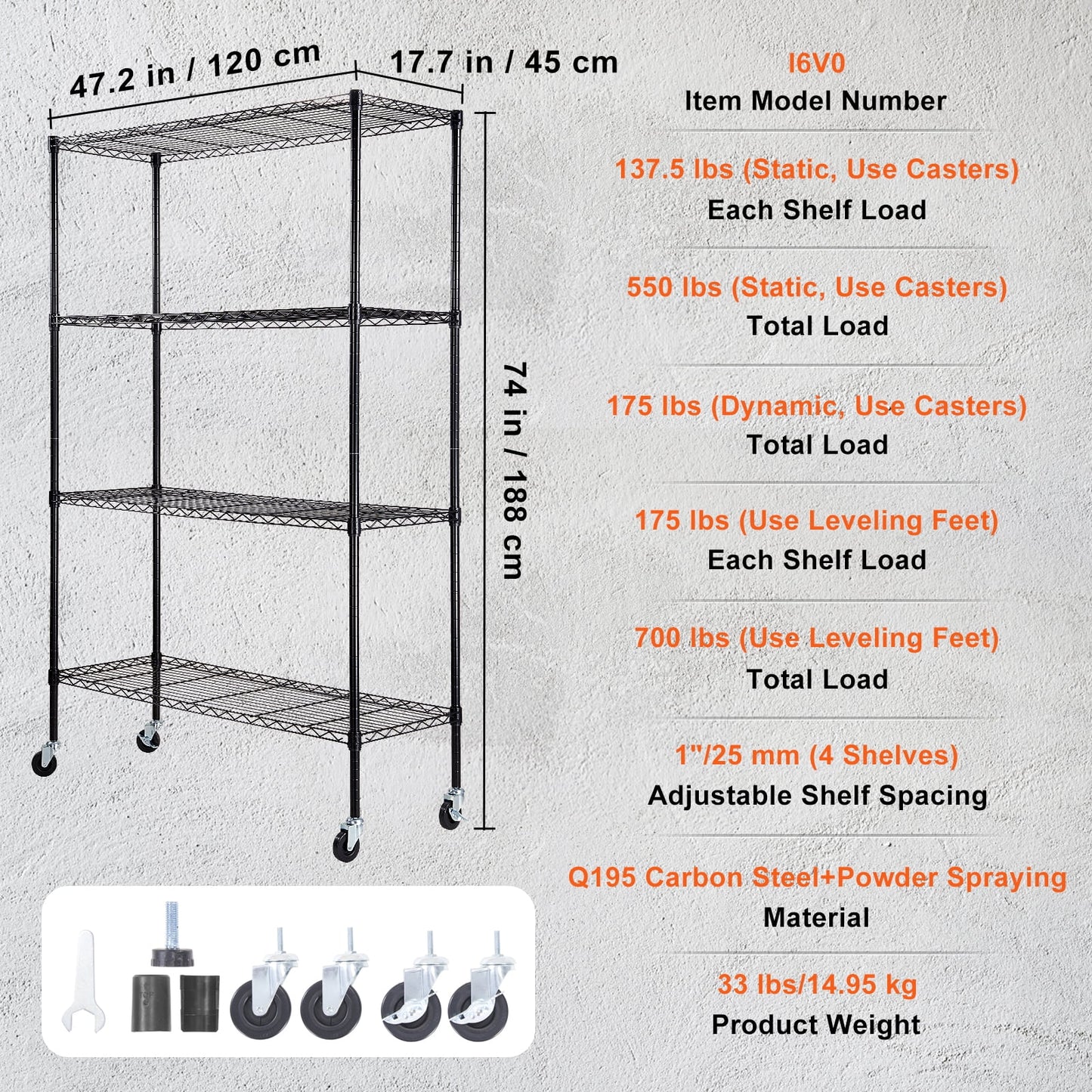 VEVOR Storage Shelving Unit with Wheels,4-Tier Adjustable, 700 lbs Capacity,Heavy Duty Garage Shelves Metal Organizer Wire Rack, Black, 47.2" L x 17.7" W x 74" H for Kitchen Pantry Basement Bathroom
