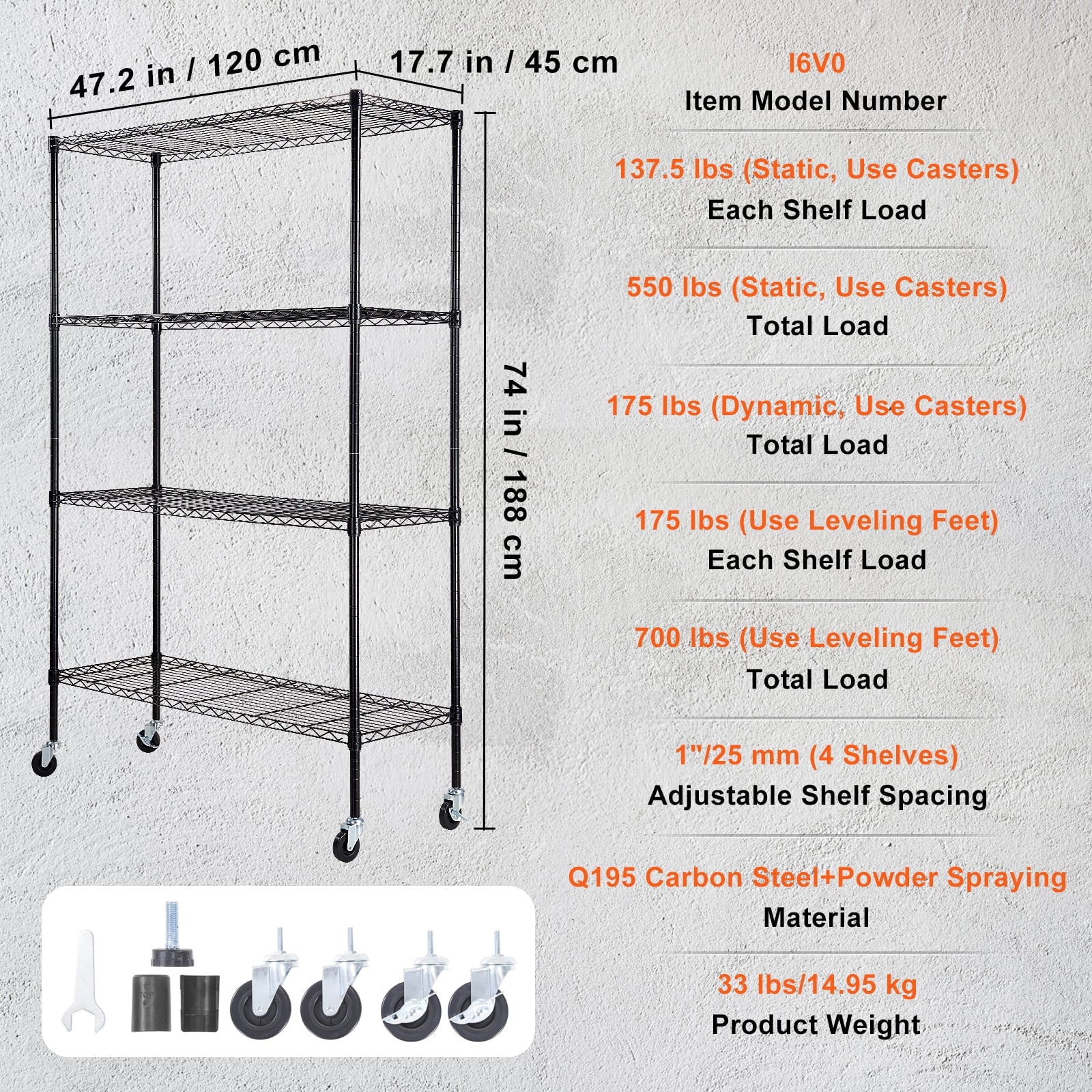 VEVOR Storage Shelving Unit with Wheels,4-Tier Adjustable, 700 lbs Capacity,Heavy Duty Garage Shelves Metal Organizer Wire Rack, Black, 47.2" L x 17.7" W x 74" H for Kitchen Pantry Basement Bathroom