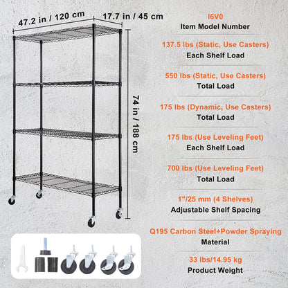 VEVOR Storage Shelving Unit with Wheels,4-Tier Adjustable, 700 lbs Capacity,Heavy Duty Garage Shelves Metal Organizer Wire Rack, Black, 47.2" L x 17.7" W x 74" H for Kitchen Pantry Basement Bathroom