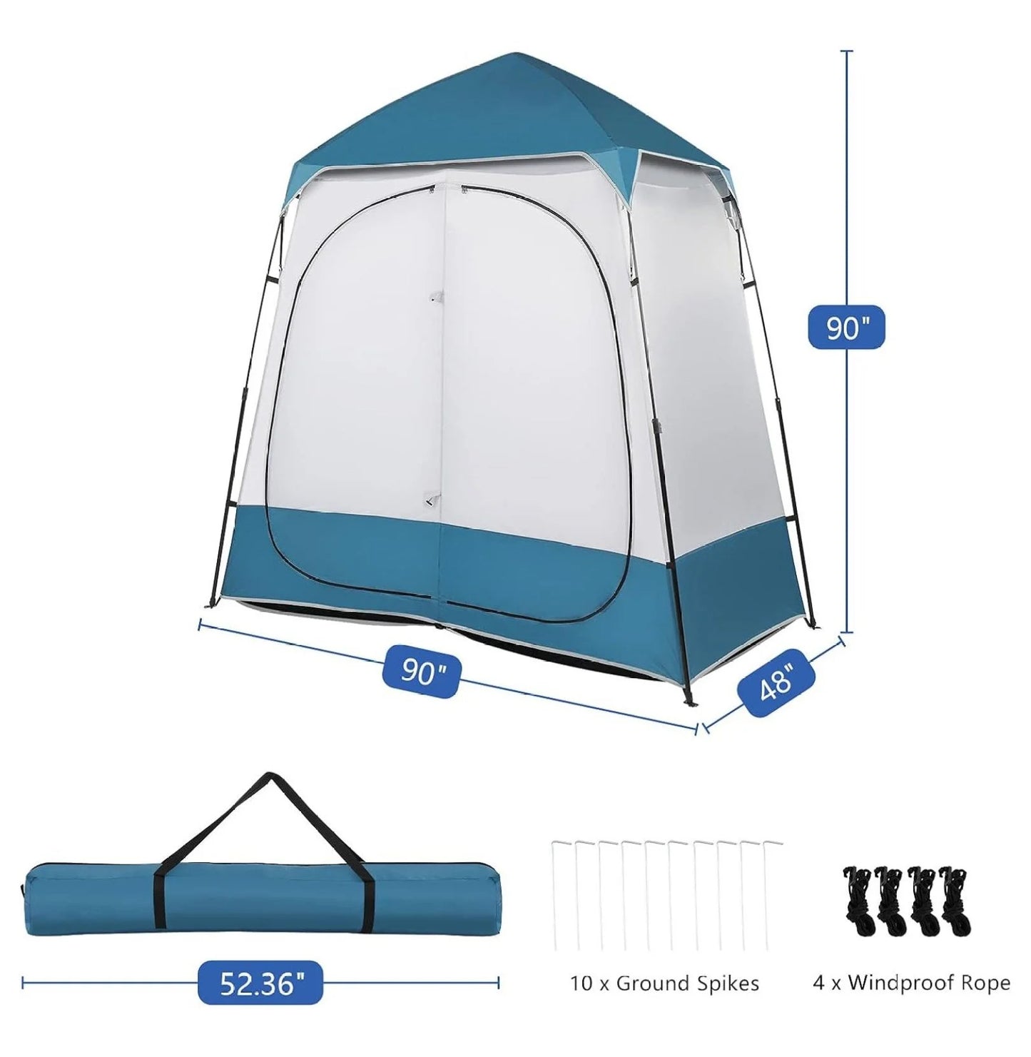 AetherLove Oversize 2 Rooms Shower Tent, 7.5 FT Outdoor Pop up Changing Room, Instant Extra Wide Privacy Shelter for Camping Dressing Toilet Bathroom with Carry Bag, Blue & White