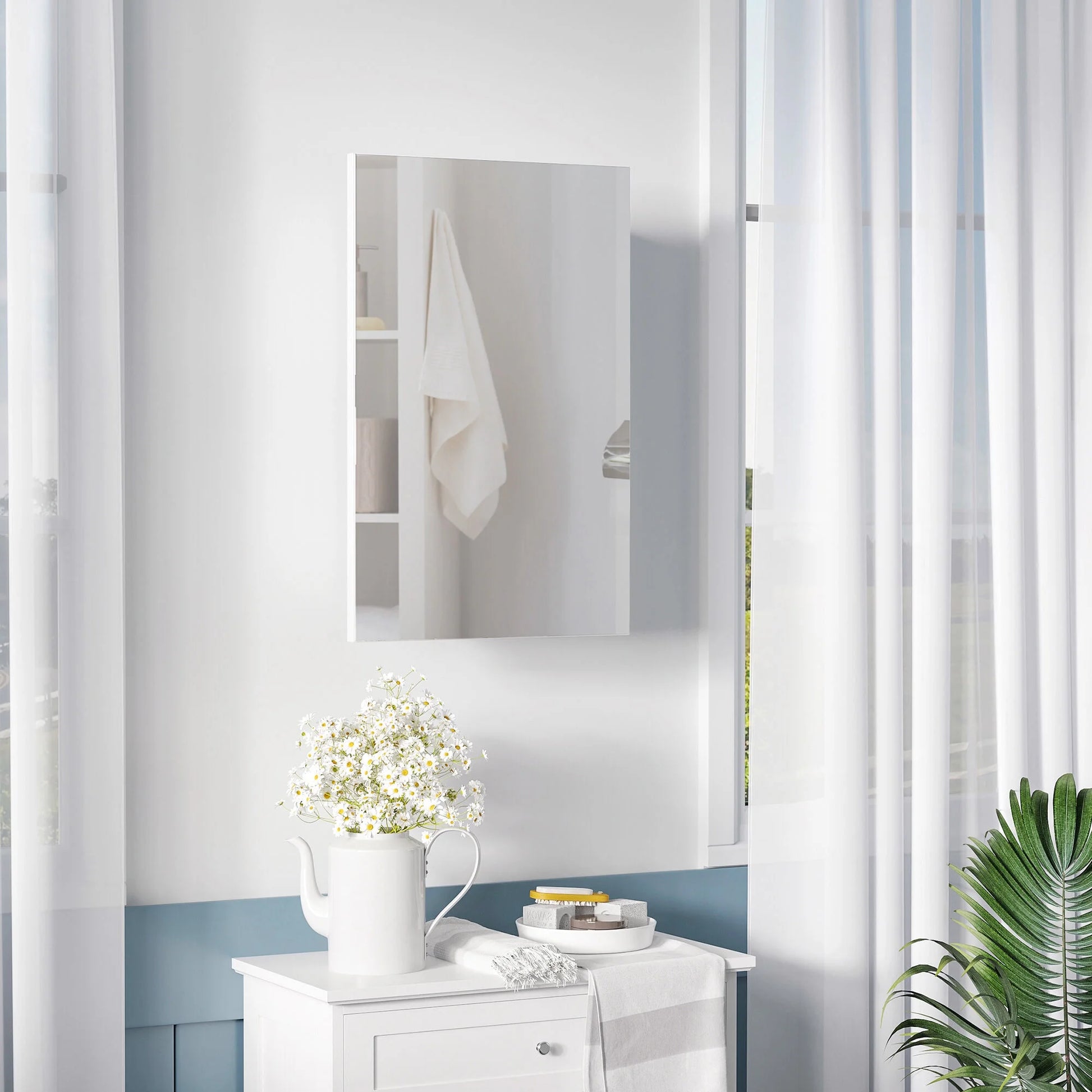 Kleankin Recessed Medicine Cabinet with Mirror,Bathroom Mirror Cabinet Wall Mounted with Single Door and Storage Shelves,White,White Stainless Steel Bath Faucets Bathroom Storage