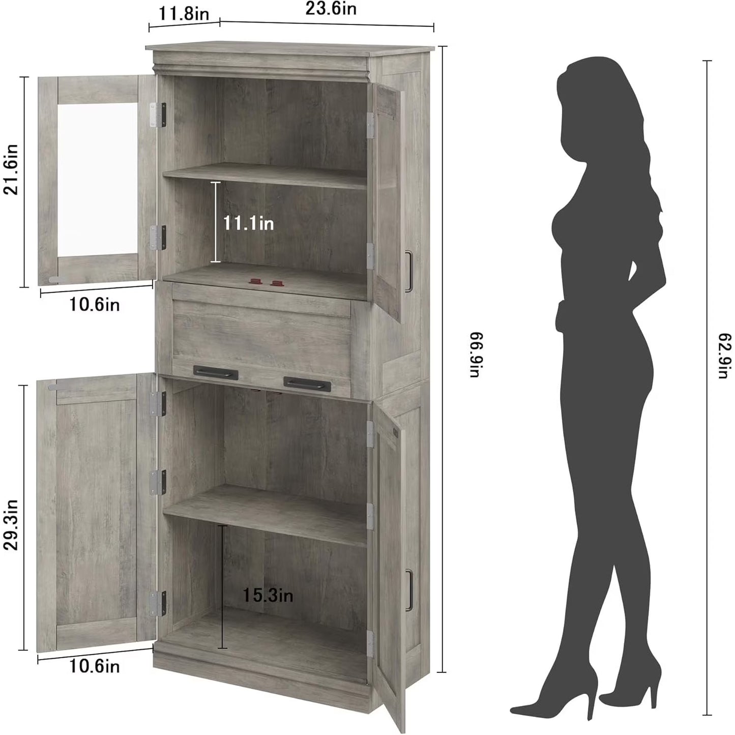Roromall Bathroom Cabinet, Tall Storage Cabinet with Doors Adjustable Shelf, Freestanding Floor Pantry Cabinet for Kitchen, Living Room, Laundry Room, Home Office