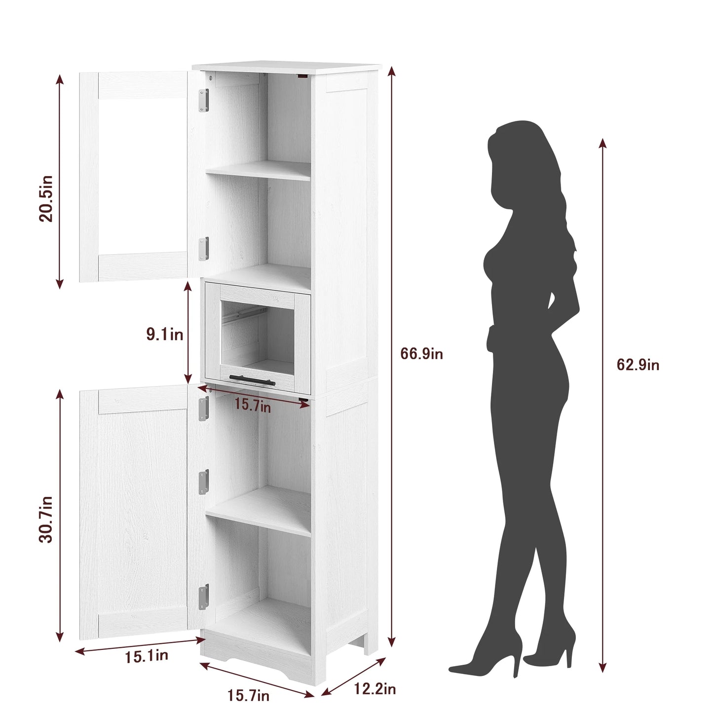 Bathroom Cabinet, Tall Storage Cabinet with Doors and Adjustable Shelf, Freestanding Floor Pantry Cabinet for Kitchen, Living Room, Laundry Room, Home Office