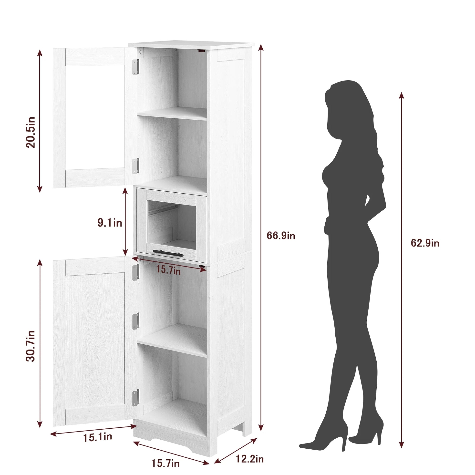 Bathroom Cabinet, Tall Storage Cabinet with Doors and Adjustable Shelf, Freestanding Floor Pantry Cabinet for Kitchen, Living Room, Laundry Room, Home Office