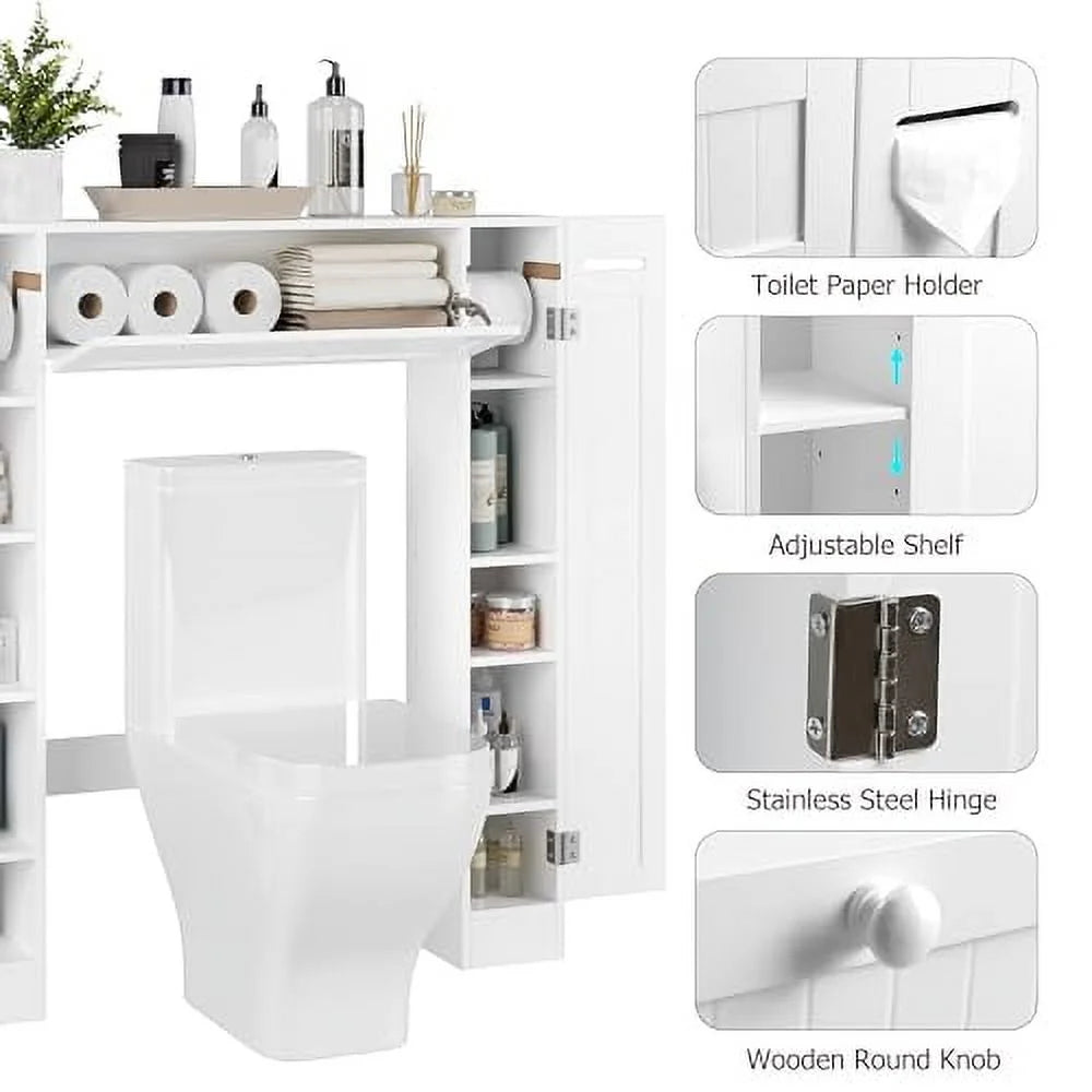 Over The Toilet Storage Cabinet, Bathroom Space Saver with Paper Holder and Adjustable Shelves, Freestanding Toilet Cabinet Organizer with 2 Side Doors and Pull-Down Door, White
