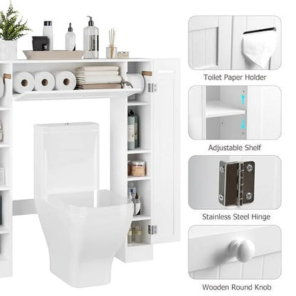Over The Toilet Storage Cabinet, Bathroom Space Saver with Paper Holder and Adjustable Shelves, Freestanding Toilet Cabinet Organizer with 2 Side Doors and Pull-Down Door, White